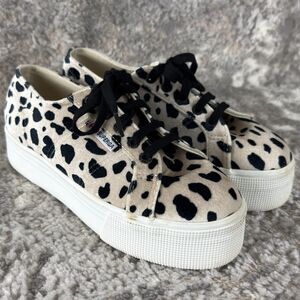 Superga Womens Sz 6.5 Dalmatian Print Velvet Walking Sneaker Beige Black Lace Up